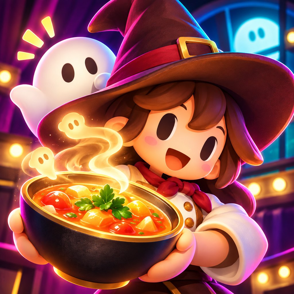 Fright Bites chef in a witch hat holding a glowing bowl of soup, with a friendly ghost