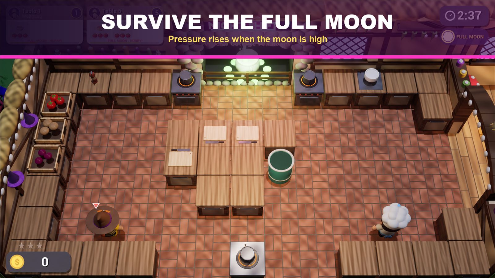 A busy kitchen under a full moon